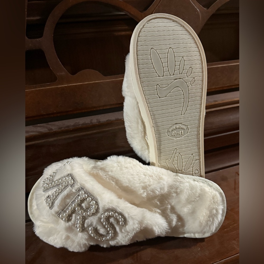 White Faux Fur 'MRS F' Slippers
